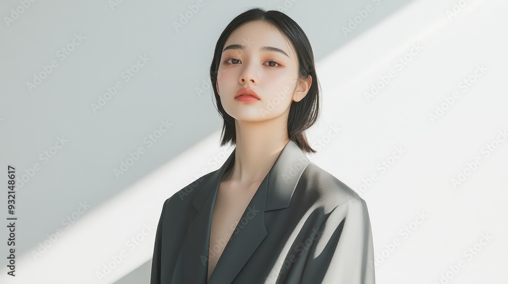 Ethereal Han Chinese Fashion Model in Modern Attire with Soft Light Rays - Selective Focus and Vibrant Overlay on White Wall Background Ethereal Han Chinese Fashion Model in Modern Attire with Soft Light Rays - Selective Focus and Vibrant Overlay on White Wall Background