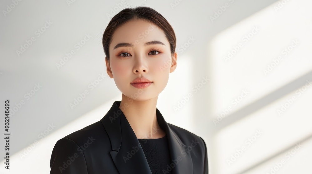 Elegant Han Chinese Fashion Model Standing Poised with Soft Light Rays Against White Wall - Selective Focus, Vibrant, Overlay Elegant Han Chinese Fashion Model Standing Poised with Soft Light Rays Against White Wall - Selective Focus, Vibrant, Overlay