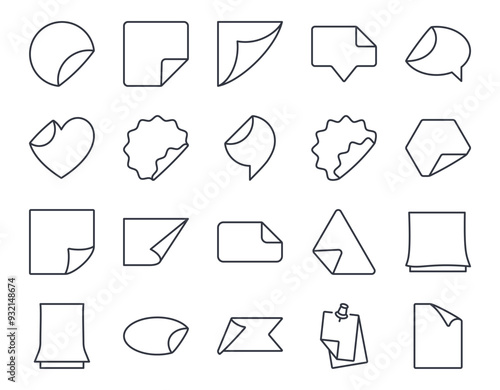 Vector sticker icons with folded corners. Paper labels folded pages symbols. Editable stroke thin line black set. Stickers of different shapes: round rectangular oval with flat and wavy edges.