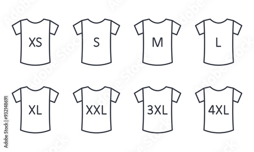 Vector icons clothing size guide. T-shirt with sizes from XS to 4XL. Editable stroke thin line black set. Symbols small, medium, large type in sewing and selling clothes.