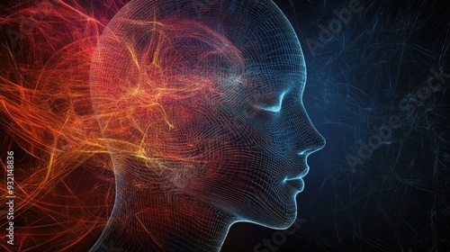 Abstract design featuring the contours of a human head intertwined with technological and fractal elements symbolizing themes of artificial intelligence computing and futuristic concepts