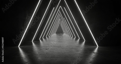 Illuminated tunnel with triangular light patterns in a dark space at night