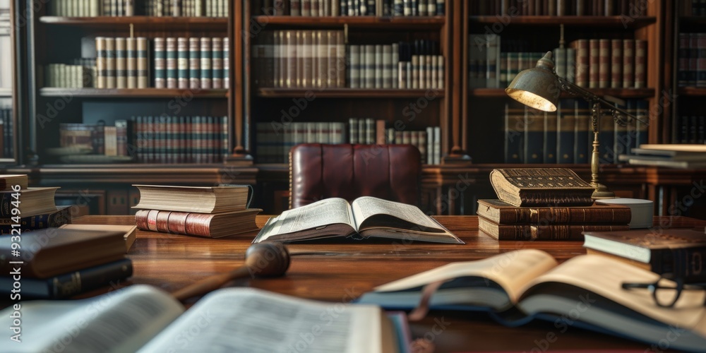 Fototapeta premium Books and a Desk Lamp in a Library Study