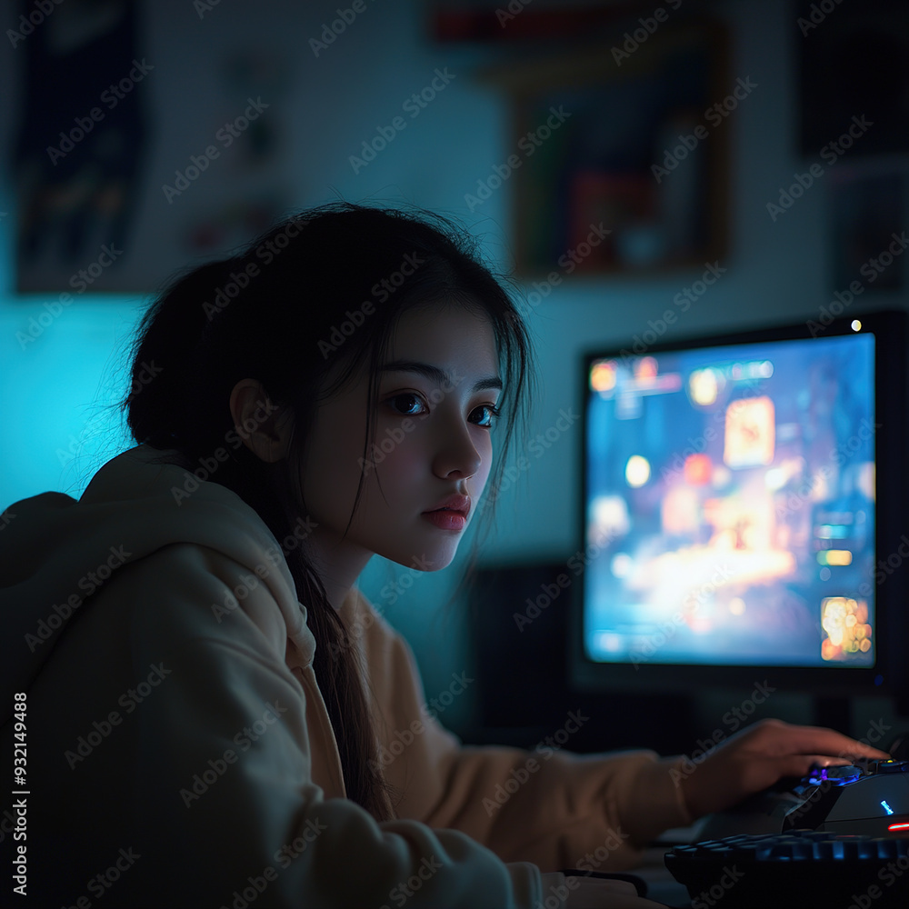 Gamer in a gaming room playing on a large screen with neon lighting Gamer in a gaming room playing on a large screen with neon lighting
