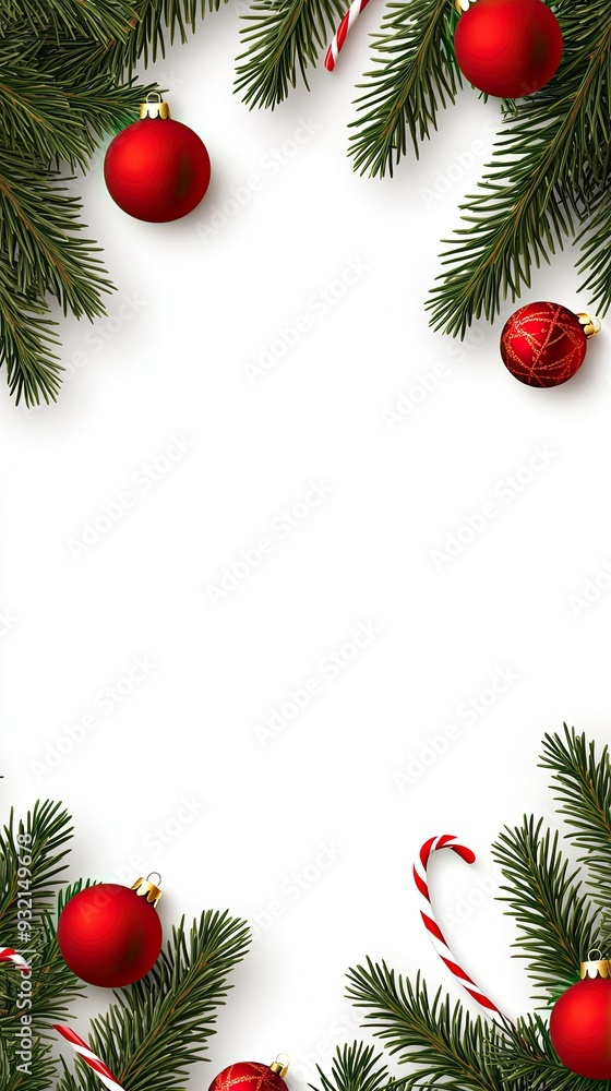 A vibrant Christmas garland with red baubles and pine branches creates a festive border for any holiday greeting or decoration A vibrant Christmas garland with red baubles and pine branches creates a festive border for any holiday greeting or decoration