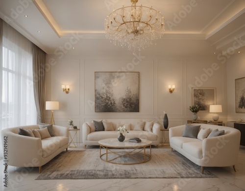 A large, open living room with a chandelier hanging from the ceiling