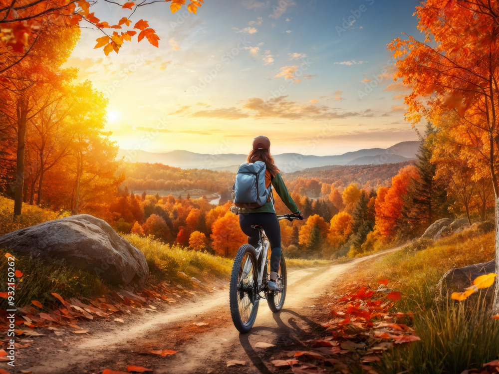 Obraz premium Sunset Ride: Adventurous Woman Cycling through Autumn Forest. Colorful landscape with sporty girl with backpack riding a mountain bike, dirt road, trees with orange leaves in fall. generative AI