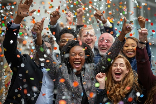 Excited Professionals Celebrate Amid Party Confetti, Raising Arms in Joy photo