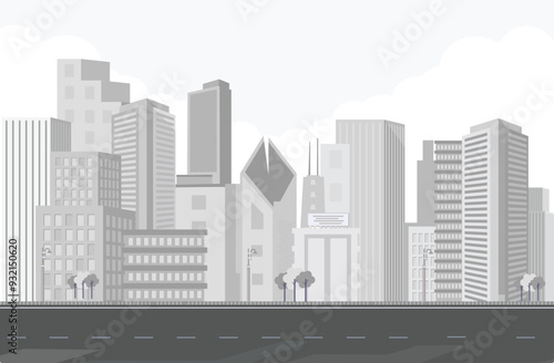 Light gray City buildings with trees, Road and cloud, Modern architectural flat style vector illustration.