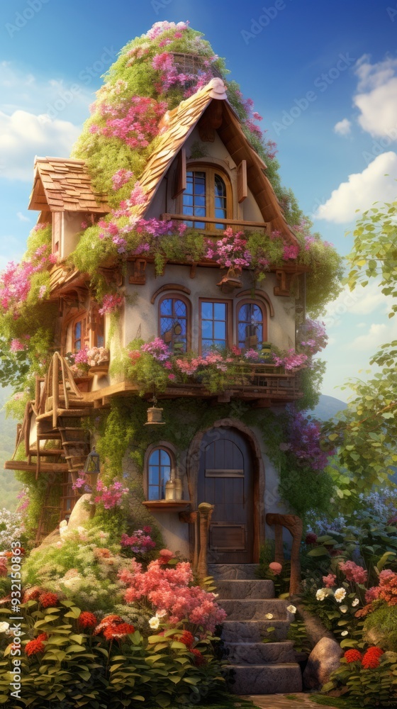 Fototapeta premium A small house covered in flowers and vines, with a garden of flowers in front.