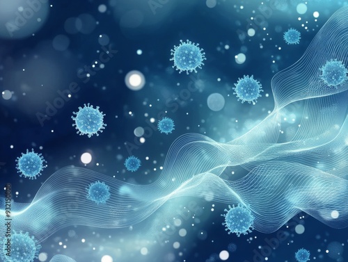 Microscopic view of viruses floating in a blue abstract background during a s...