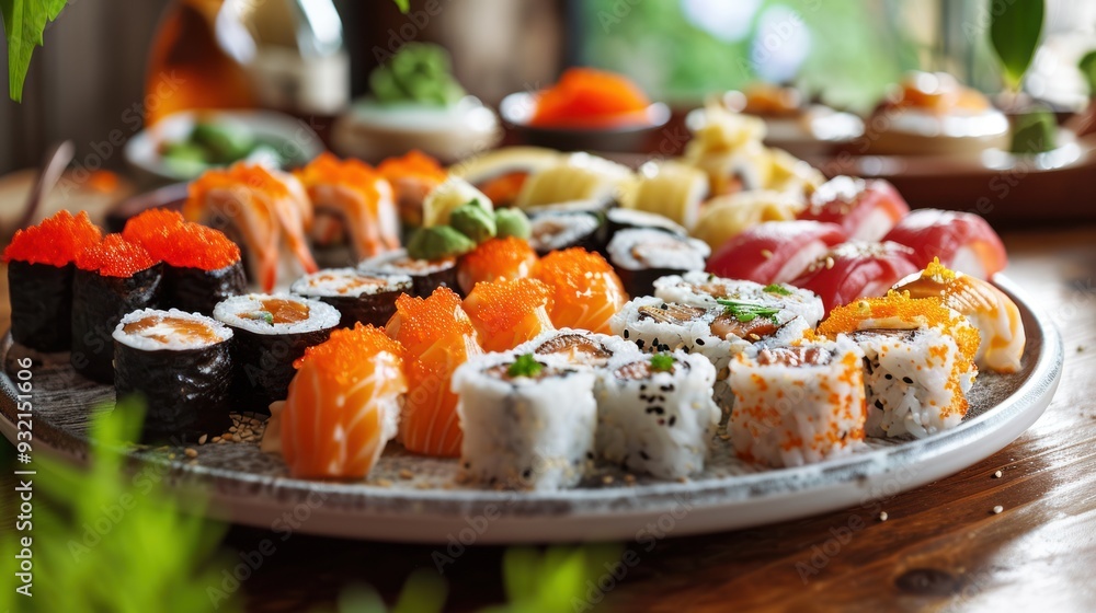 A plate of assorted sushi is placed on a wooden table. A plate of assorted sushi is placed on a wooden table.