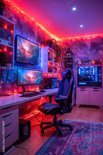 Gamer in a gaming room playing on a large screen with neon lighting