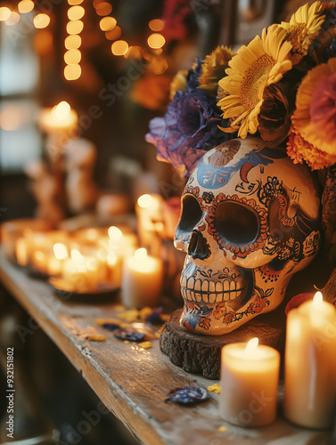 Decorated skull with flowers and candles on a Día de los Muertos altar