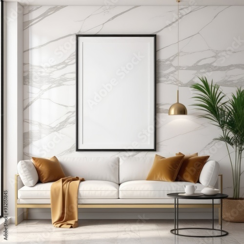 white poster frame close up in modern house interior with light colored marble textured wall, wall mockup, 3d rendering