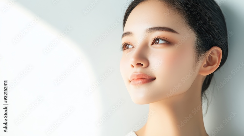 Ethereal Han Chinese Fashion Model in Modern Minimalist Attire Standing Confidently Against White Wall with Soft Light Ray Highlighting Contours of Face Ethereal Han Chinese Fashion Model in Modern Minimalist Attire Standing Confidently Against White Wall with Soft Light Ray Highlighting Contours of Face