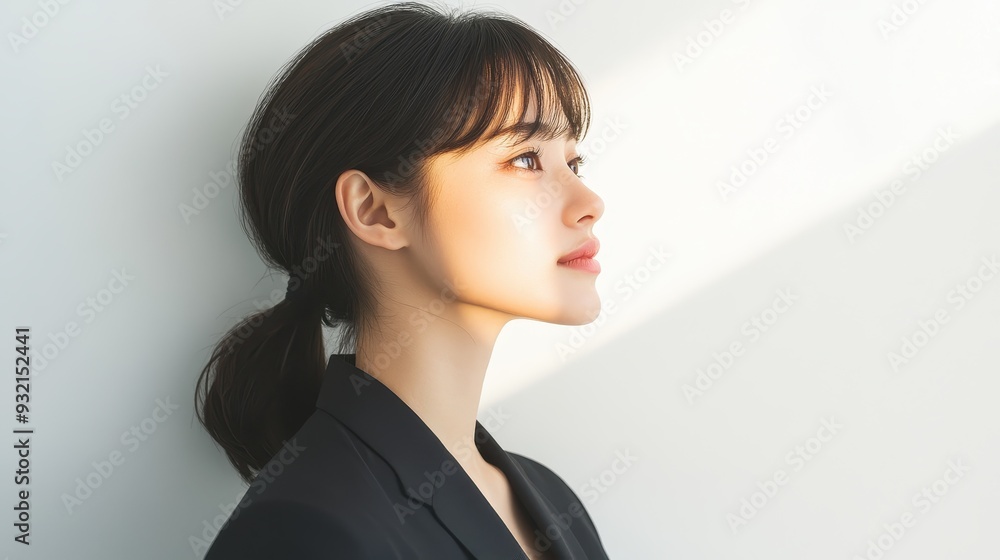 Urban Elegance: Japanese Fashion Model in Double Exposure Profile Under Dramatic Light Ray Against White Wall Urban Elegance: Japanese Fashion Model in Double Exposure Profile Under Dramatic Light Ray Against White Wall