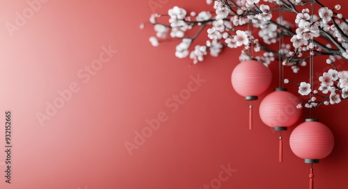 Spring cherry blossoms with colorful lanterns in a tranquil setting