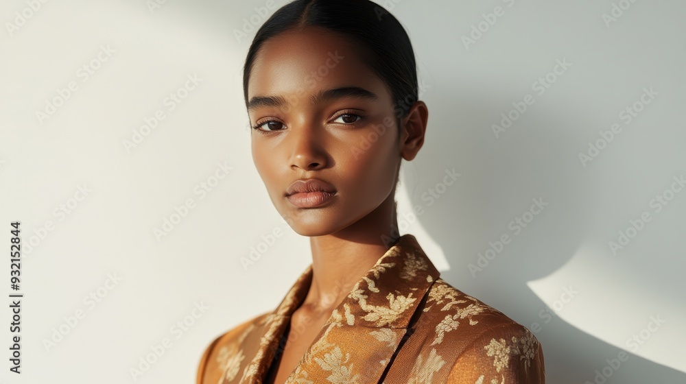 Radiant Sinhalese Fashion Model in Modern Attire Standing Confidently Against White Wall with Light Ray Accent - Close Up Silhouette Radiant Sinhalese Fashion Model in Modern Attire Standing Confidently Against White Wall with Light Ray Accent - Close Up Silhouette
