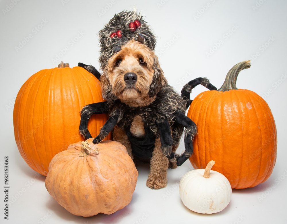Portrait of a cockapoo dressed as a spider sitting amongst pumpkins ...