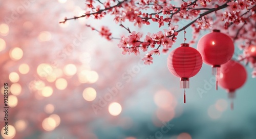 Red lanterns hanging from cherry blossom branches during a serene spring evening