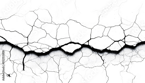 A high-contrast image of cracks with fine lines, emphasizing the texture against a plain white background.