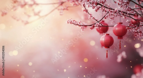 Red lanterns hanging from cherry blossom branches during a serene spring evening