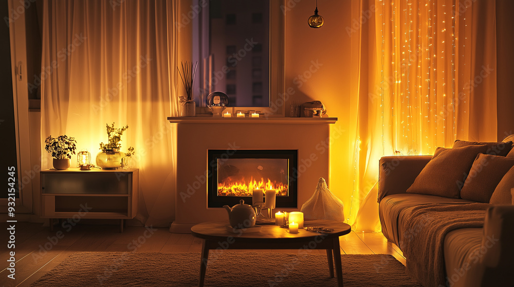 Cozy Living Room with Warm Lighting and Fireplace Cozy Living Room with Warm Lighting and Fireplace