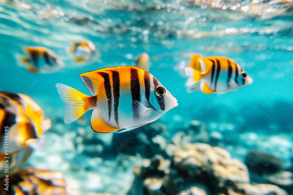 Naklejka premium Colourful tropical fish swimming in clear waters