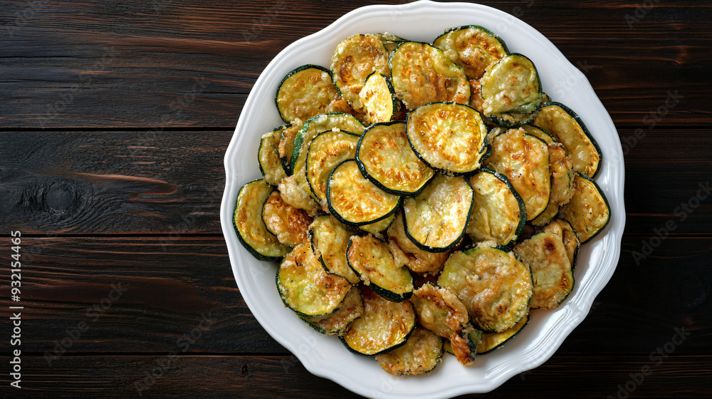 Golden brown fried zucchini slices served on a dark wooden table, arranged on a white plate Golden brown fried zucchini slices served on a dark wooden table, arranged on a white plate
