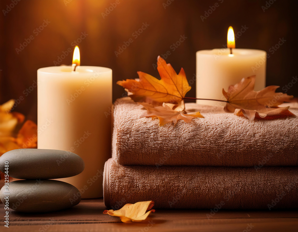 Spa still life with candles, zen stones, towels and autumn leaves on wooden table Spa still life with candles, zen stones, towels and autumn leaves on wooden table