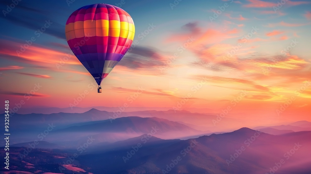 Obraz premium Hot Air Balloon Ascending Over Misty Mountains at Sunset