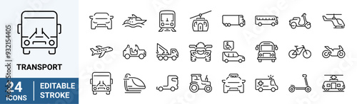 Transport web line icons. Containing car, bike, plane, train, bicycle, motorbike, bus and scooter. Editable stroke. Vector illustration