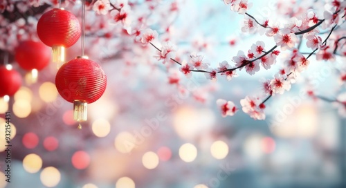 Red lanterns hanging from cherry blossom branches during a serene spring evening