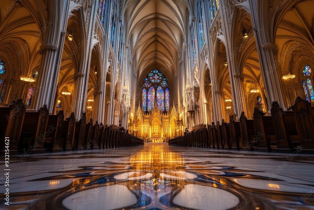 Naklejka premium The interior of a stunning cathedral featuring illuminated altar space, tall arches, and rows of wooden pews leading towards the vibrant stained-glass window backdrop.