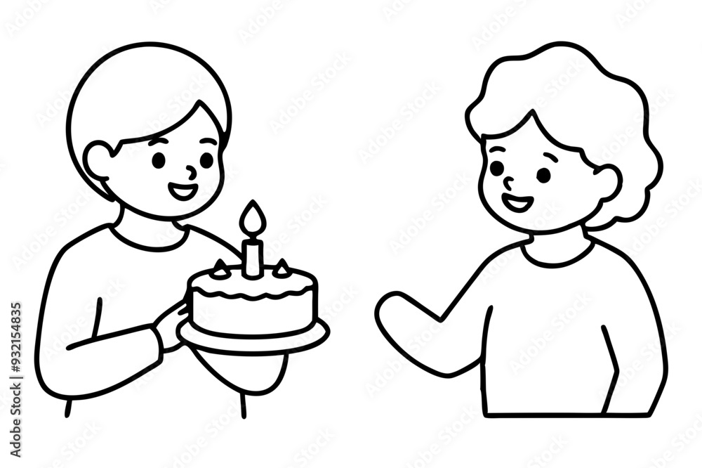 Birthday eating cake kids line art vector illustration Birthday eating cake kids line art vector illustration