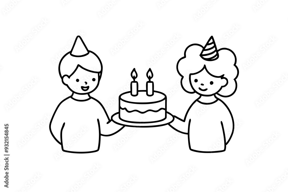 Birthday eating cake kids line art vector illustration Birthday eating cake kids line art vector illustration