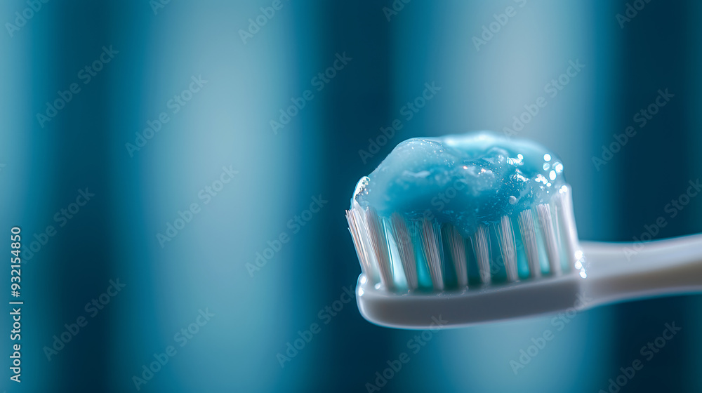 toothpaste on toothbrush on blue background, concept of dental care and prevention of dental diseases, poster with space toothpaste on toothbrush on blue background, concept of dental care and prevention of dental diseases, poster with space