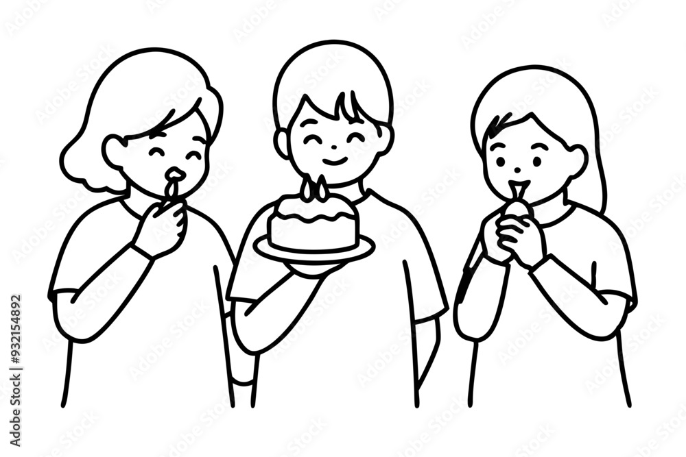Birthday eating cake kids line art vector illustration Birthday eating cake kids line art vector illustration