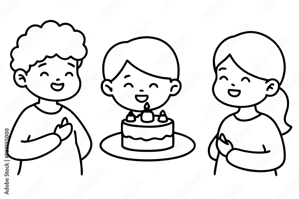 Birthday eating cake kids line art vector illustration Birthday eating cake kids line art vector illustration
