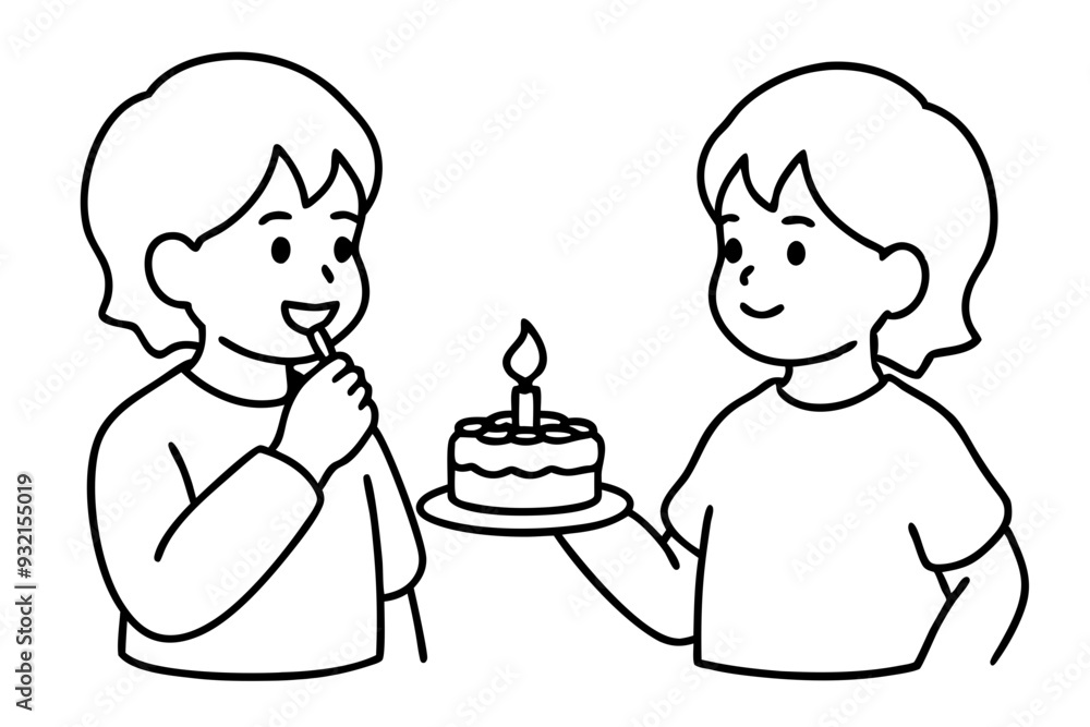 Birthday eating cake kids line art vector illustration Birthday eating cake kids line art vector illustration