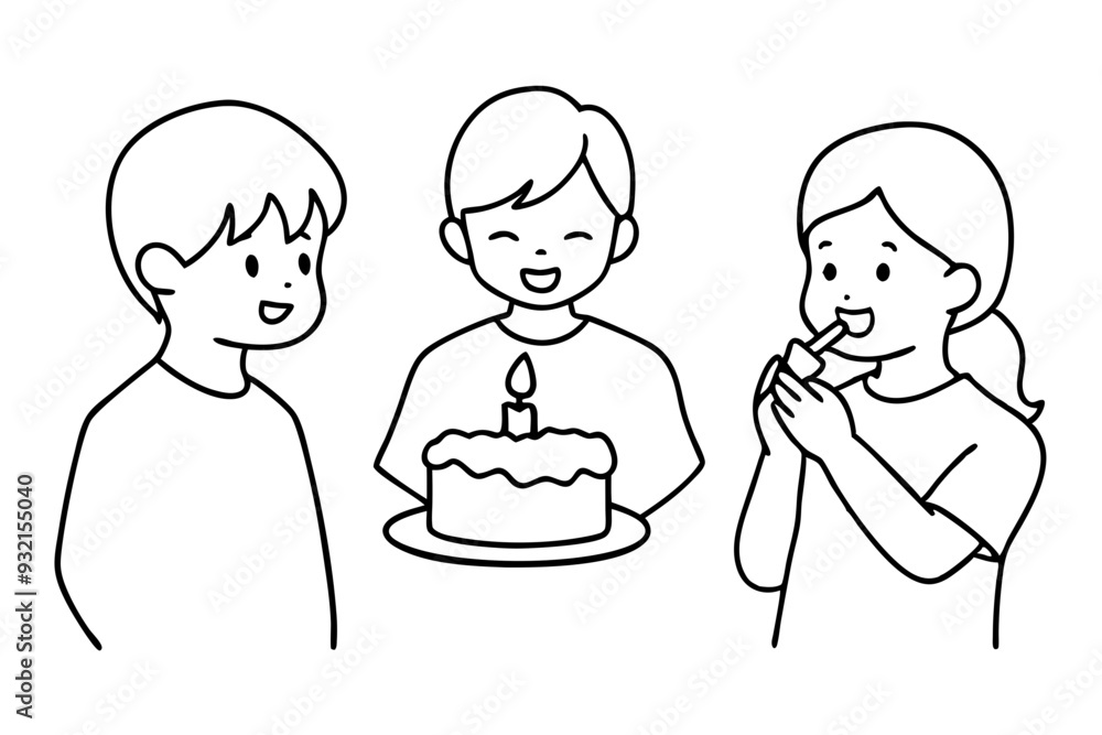 Birthday eating cake kids line art vector illustration Birthday eating cake kids line art vector illustration