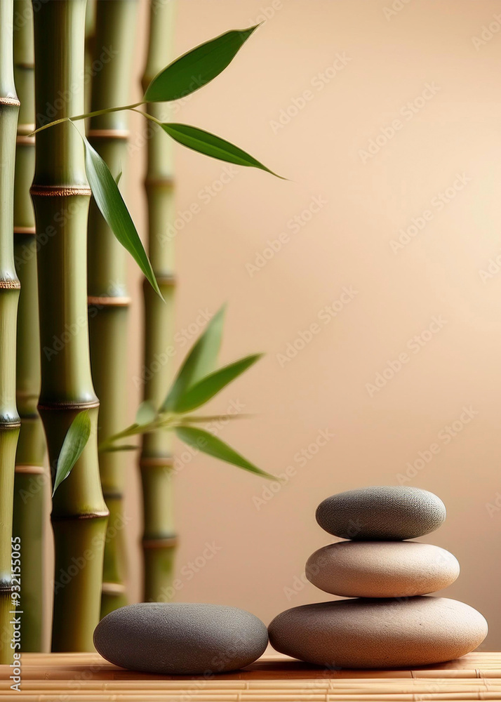 Calm spa setting with bamboo and stacked stones with peach colored background and room for copy Calm spa setting with bamboo and stacked stones with peach colored background and room for copy