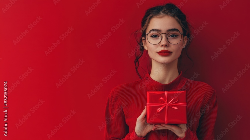 Woman in red clothing holding a small gift box with a bow against a red background Woman in red clothing holding a small gift box with a bow against a red background