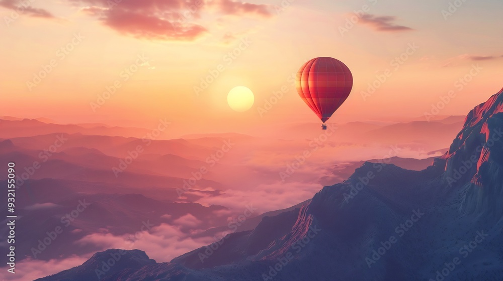 Fototapeta premium Hot Air Balloon Soaring Above Majestic Mountains at Sunset
