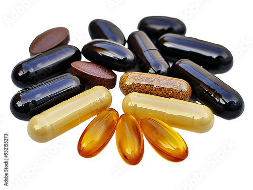 a group of pills on a white surface