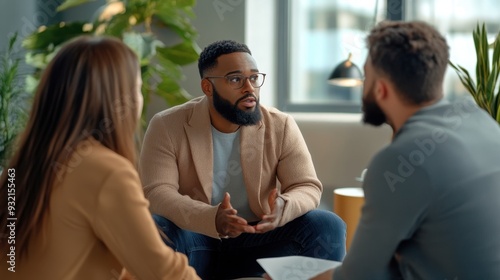 Group of people having a serious conversation in a modern office setting