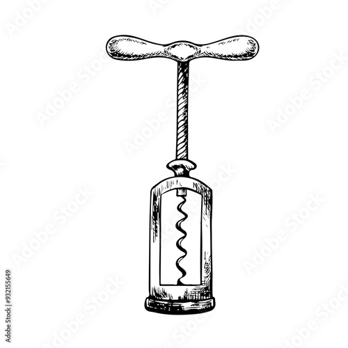 A corkscrew for wine. Vector graphics, black and white hand-drawn illustration. Isolate on a white background. For packages and labels. For banners and posters. For restaurant and bar menus.