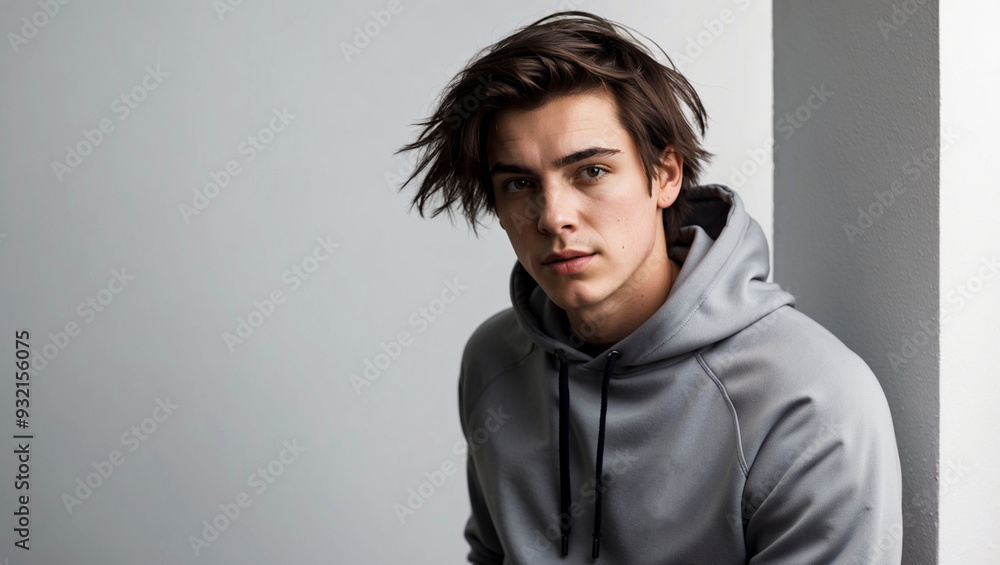 Handsome young model wearing a gray hoodie on a gray background Handsome young model wearing a gray hoodie on a gray background