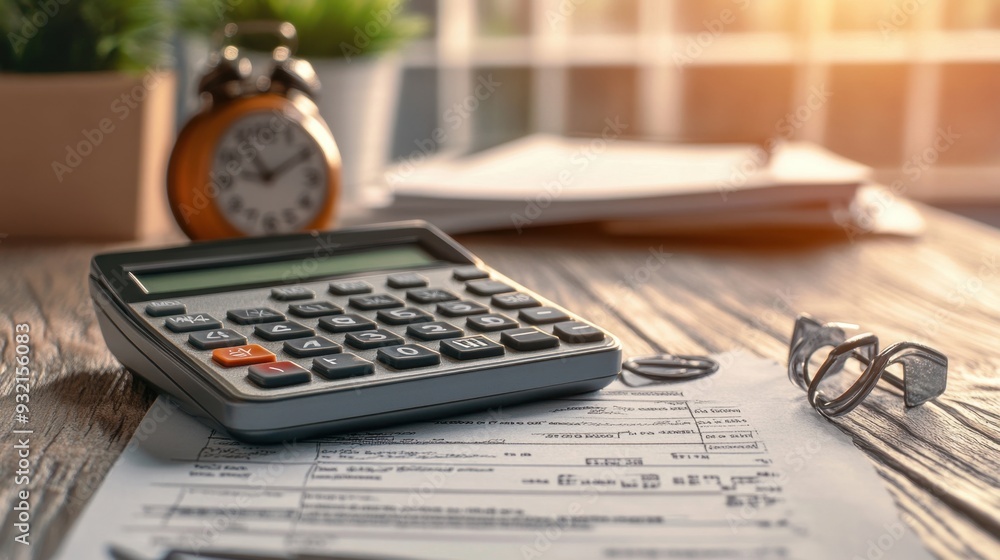Calculator on financial documents with an alarm clock in the background Calculator on financial documents with an alarm clock in the background